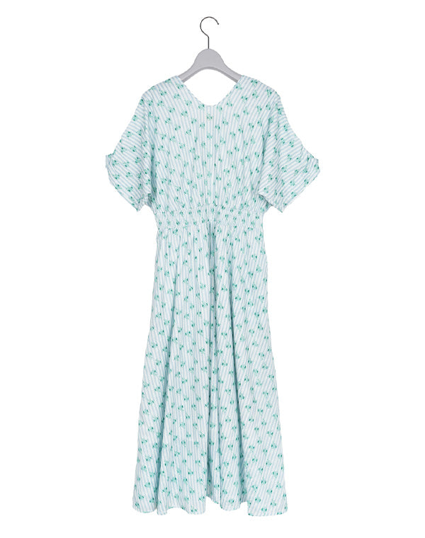 ヌキテパ　Cotton Jacquard Waist Gather Dress neQuittez pas / Cotton Jacquard Stripe Small Flower Print Waist