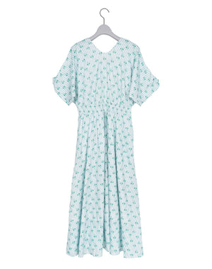 ワンピース ne Quittez pas Flower Print Gather Dress neQuittez pas / Cotton Jacquard Stripe Small Flower Print Waist