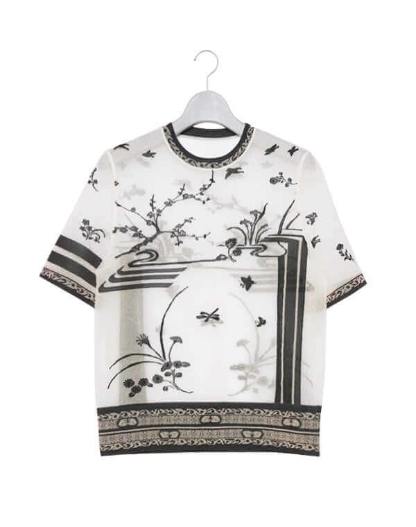 Nature Pattern Sheer Knitted Crew Neck Top / 301165251003 