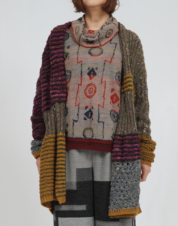 パッチワーク ニット ロングカーディガン Sheth - 2WAY Vネック パッチワーク ロングカーディガン - Sheth