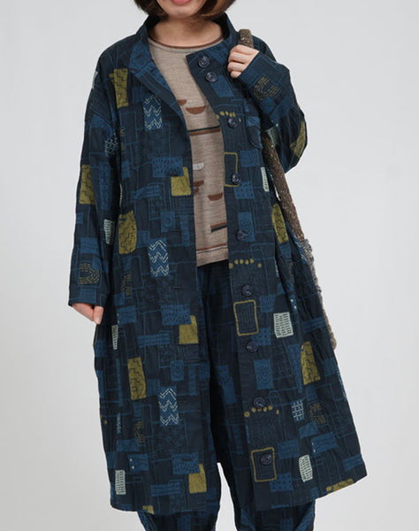 絣型染め刺し子コート 大島紬の刺し子コート リバーシブル 青麻の葉 着物リメイク コート