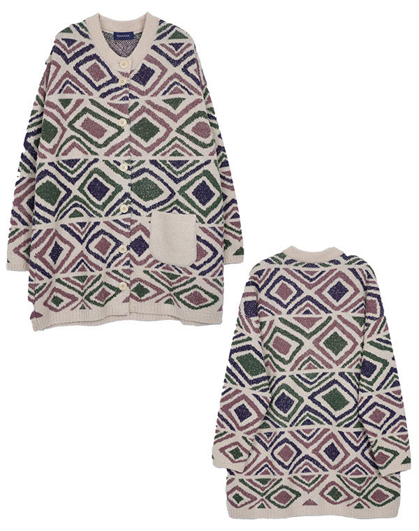 
                  
                    Load image into Gallery viewer, ダイヤ柄プードルロングカーディガン / BEF07624WA
                  
                