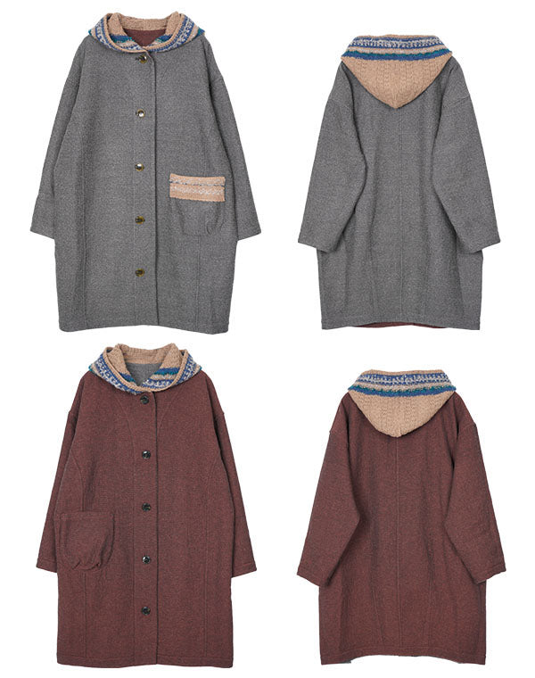 
                  
                    Load image into Gallery viewer, ウールコットンリバーシブルニットフードロングコート / BEF07654WA
                  
                