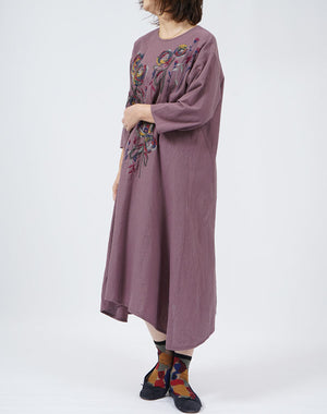 刺繍　ワンピース　パープル　ハンドメイド　handmade 綿麻ワッシャーパティオ柄刺繍入りワンピース / BFH07056WA – satoseni