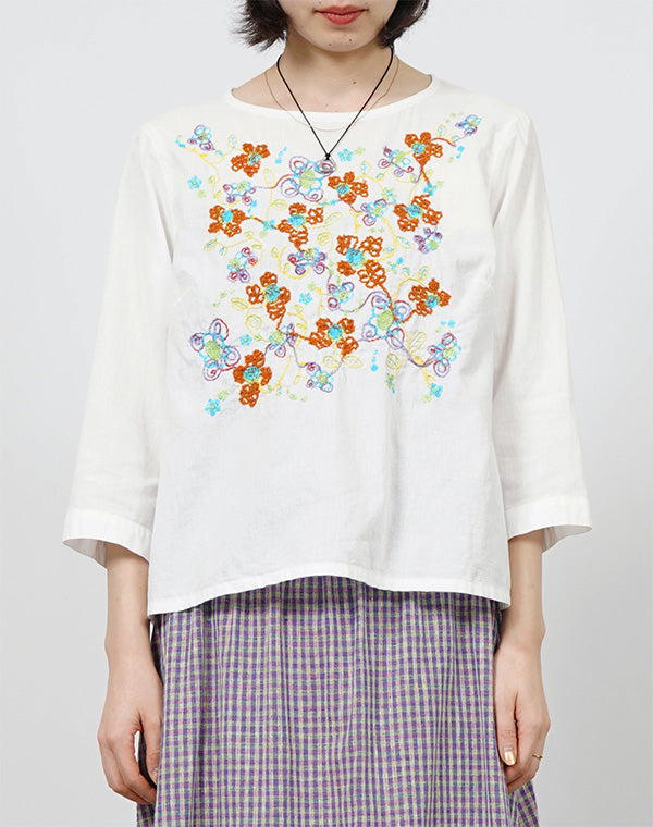 45R ダンガリー 花柄 刺繍 ブラウス R刺繍 綿麻ダンガリー刺繍ブラウス / BFH01084WA – satoseni online store