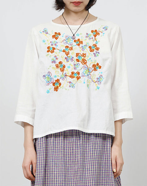 45R ダンガリー 花柄 刺繍 ブラウス R刺繍 綿麻ダンガリー刺繍ブラウス / BFH01084WA｜ M.&KYOKO(エムアンド
