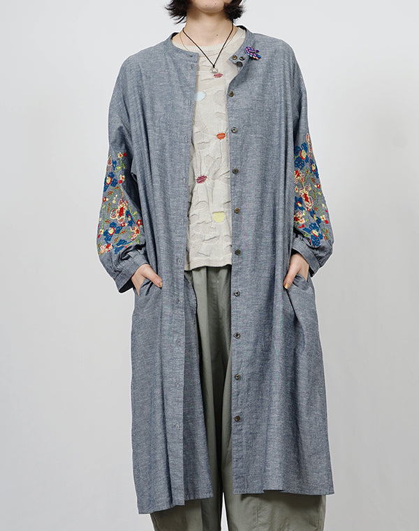 綿麻ダンガリー袖刺繍前開きワンピース / BFH01086WA – satoseni