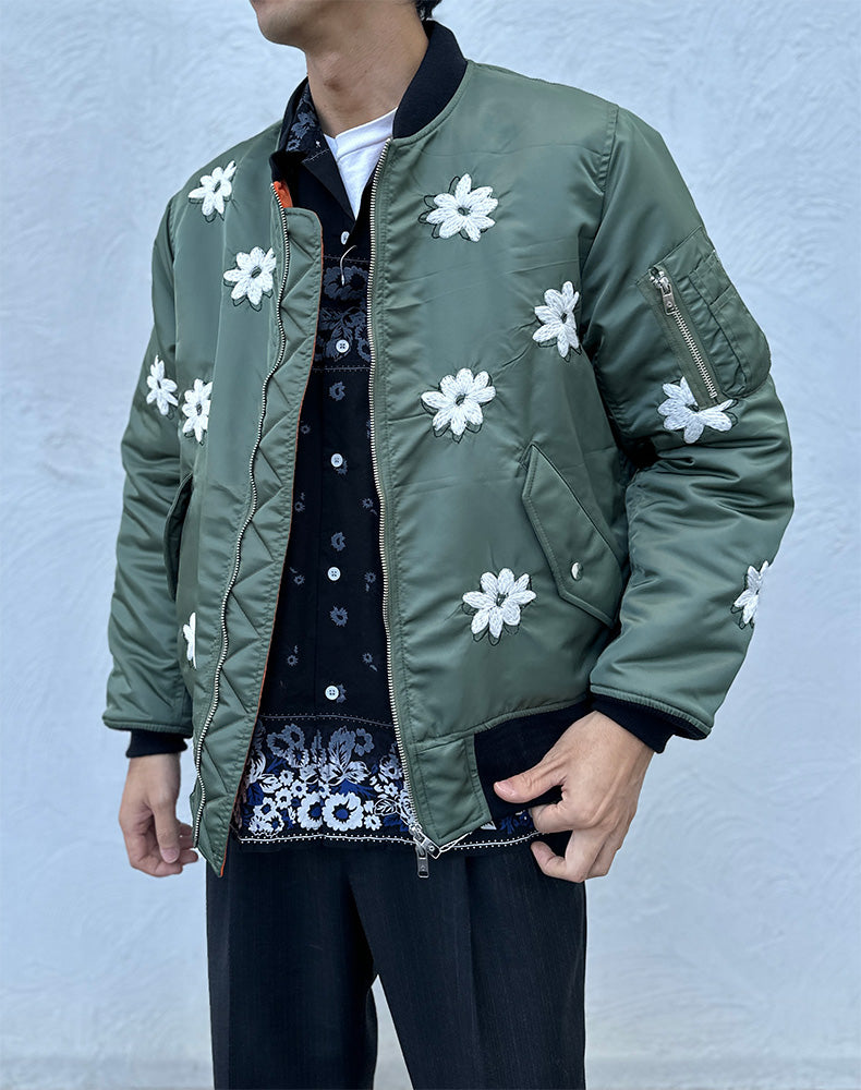 
                  
                    Load image into Gallery viewer, Flower Embroidery Flight Jacket - Olive × White / 313846252002
                  
                