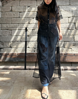mister it. / ミスターイット | Chemise-henri / silk 100％ / シルク 総柄 アシンメトリー バンドカラー ロングシャツ ブラウス | 42 | ダークブラウン | レディース mister it.ミスターイット｜ Chemise-kevin-es｜GEA – satoseni online