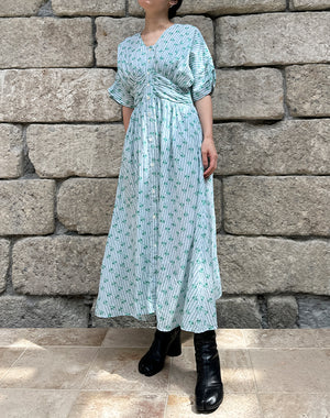 ワンピース ne Quittez pas Flower Print Gather Dress neQuittez pas / Cotton Jacquard Stripe Small Flower Print Waist